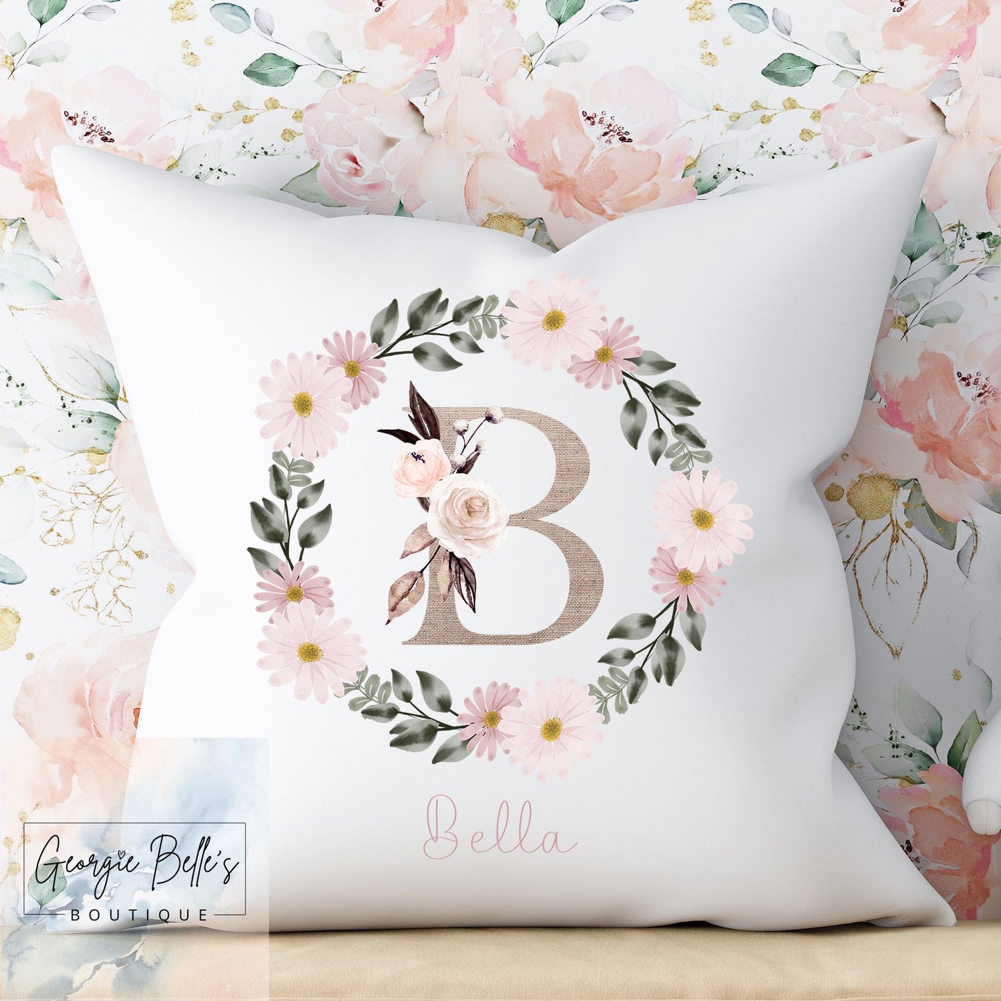 Personalised Baby Cushion - Dusky Floral Wreath Nursery Cushion