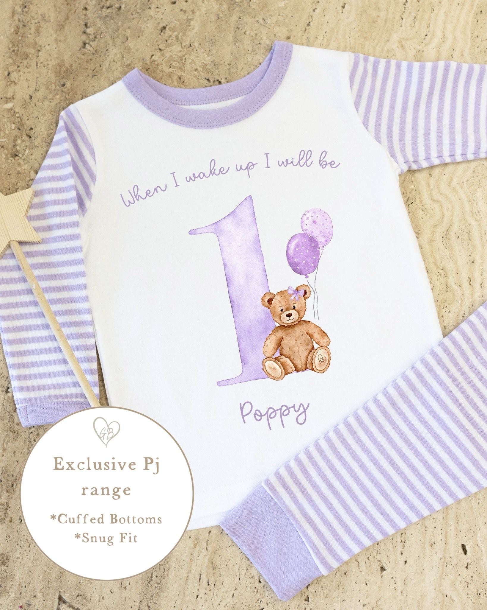 Lilac &amp; White Striped Personalised Birthday Pyjamas - Lilac Bear Design