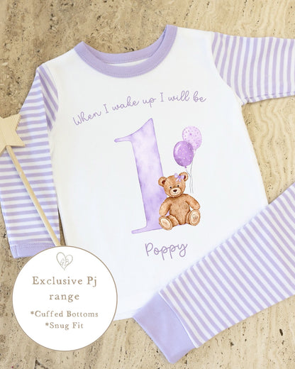 Lilac &amp; White Striped Personalised Birthday Pyjamas - Lilac Bear Design