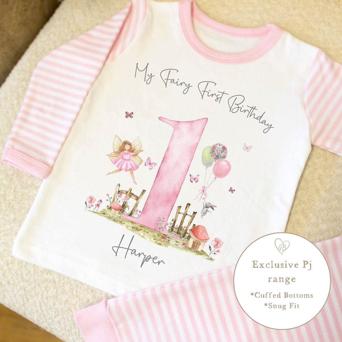 Pink & White Striped Personalised Birthday Pyjamas - Pink Fairy First Design