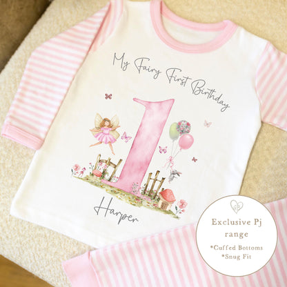 Pink &amp; White Striped Personalised Birthday Pyjamas - Pink Fairy First Design