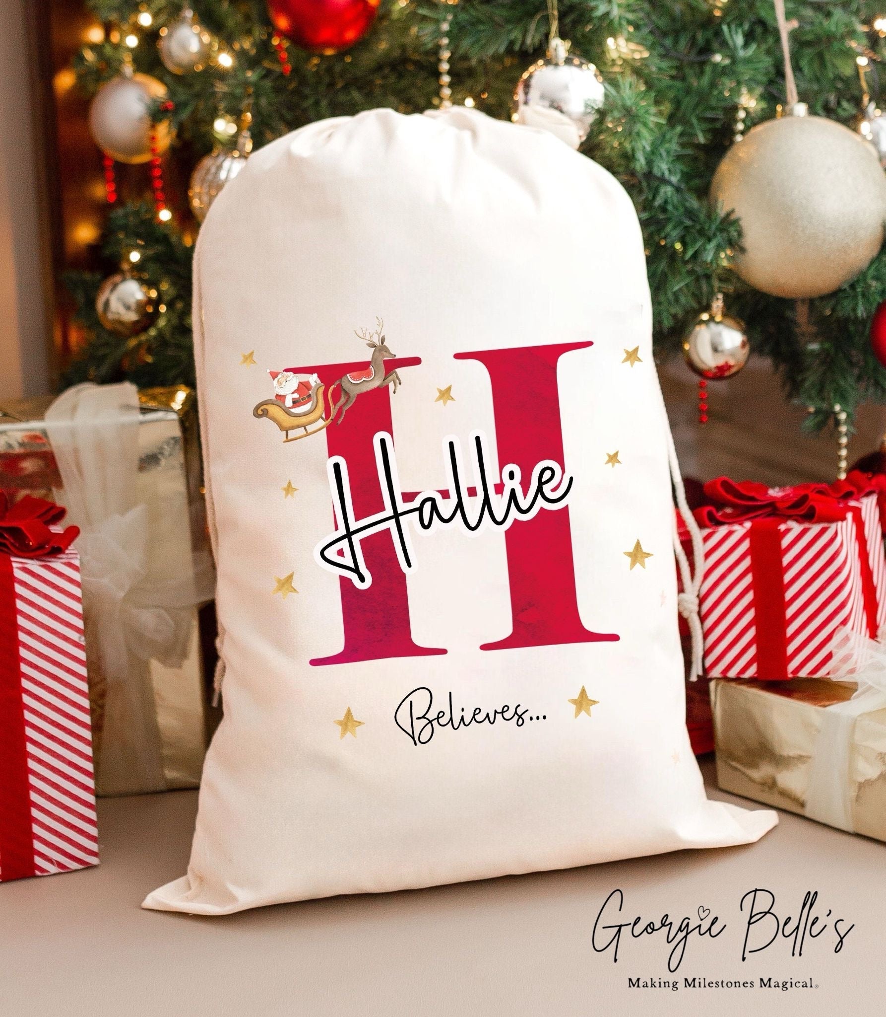 Luxury Personalised Premium Cotton Christmas Sack | Personalised Santa Sack | Believes Design