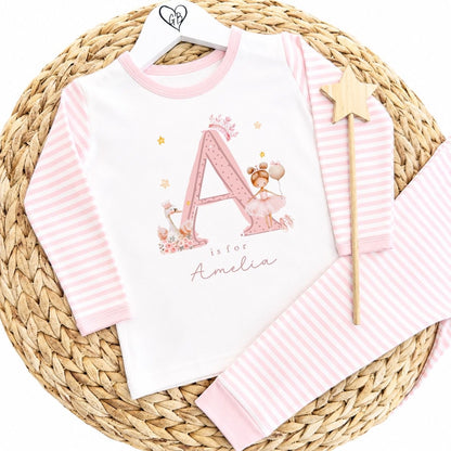 Personalised Girls Gifting Pyjamas Pink Stripe - Ballerina Swan Initial Design