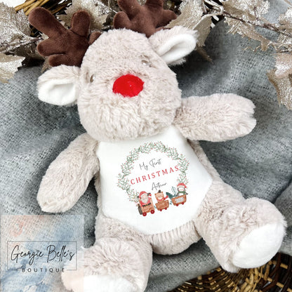 Christmas Reindeer Personalised Soft Toy - ‘My 1st Christmas' Santa Train Wreath Design