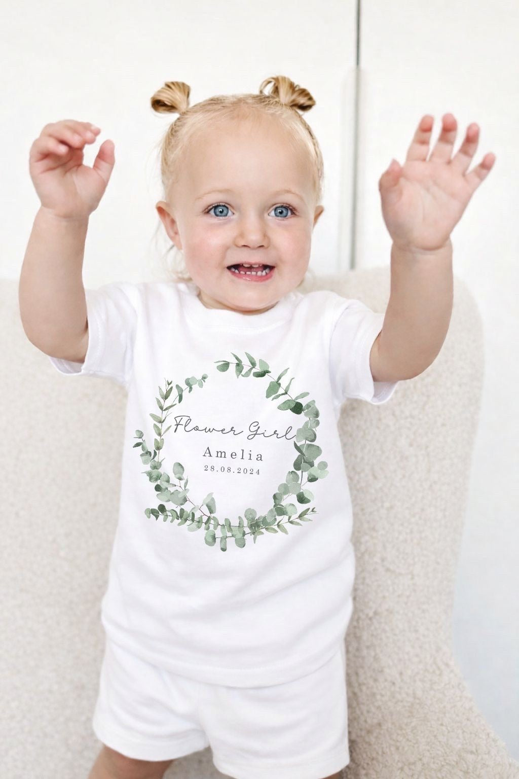 Personalised Flower Girl Short Set Pyjamas - Eucalyptus Wreath Design