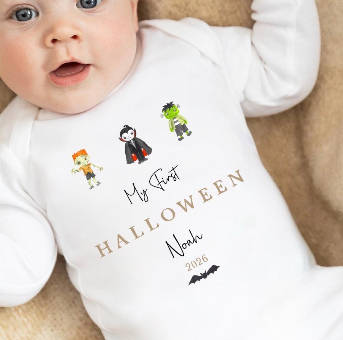 Personalised Halloween Babygrow | My First Halloween Baby Outfit | Monster Trio Design