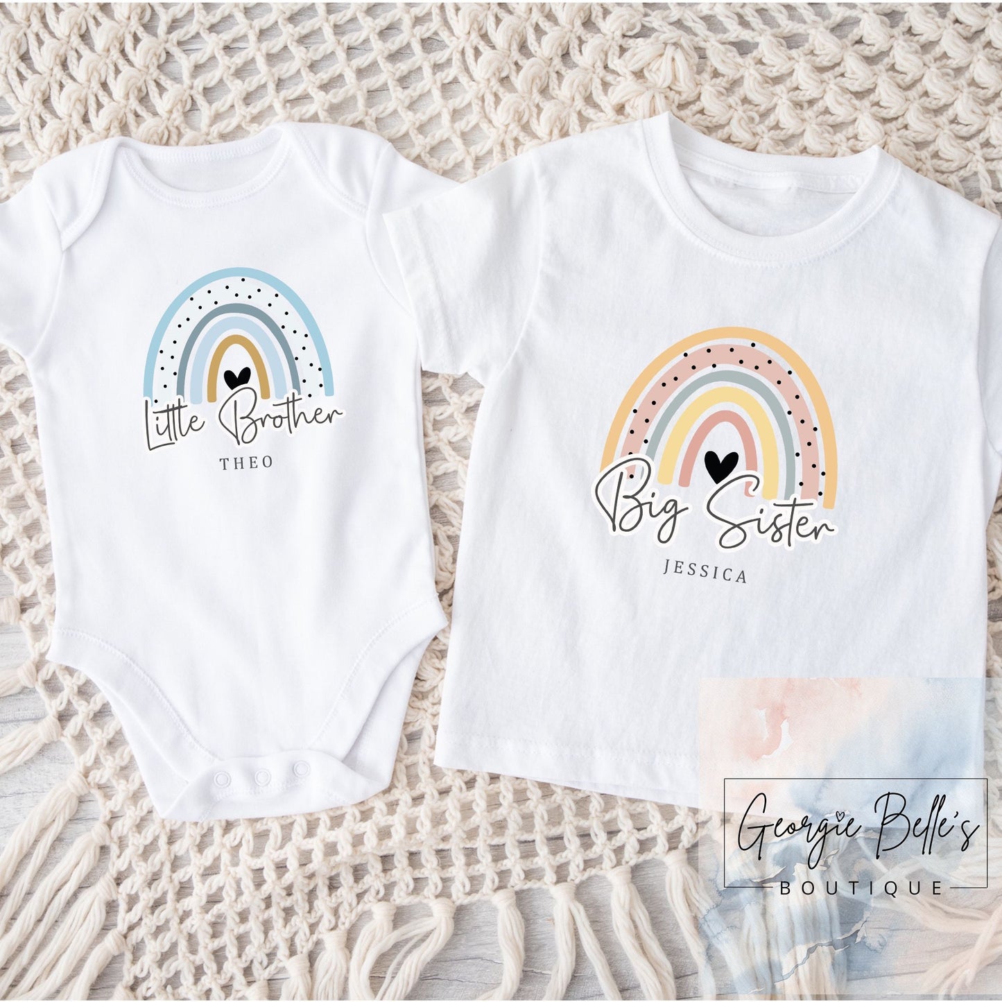 Personalised Big Sister / Little Brother Matching Set - Rainbow Design