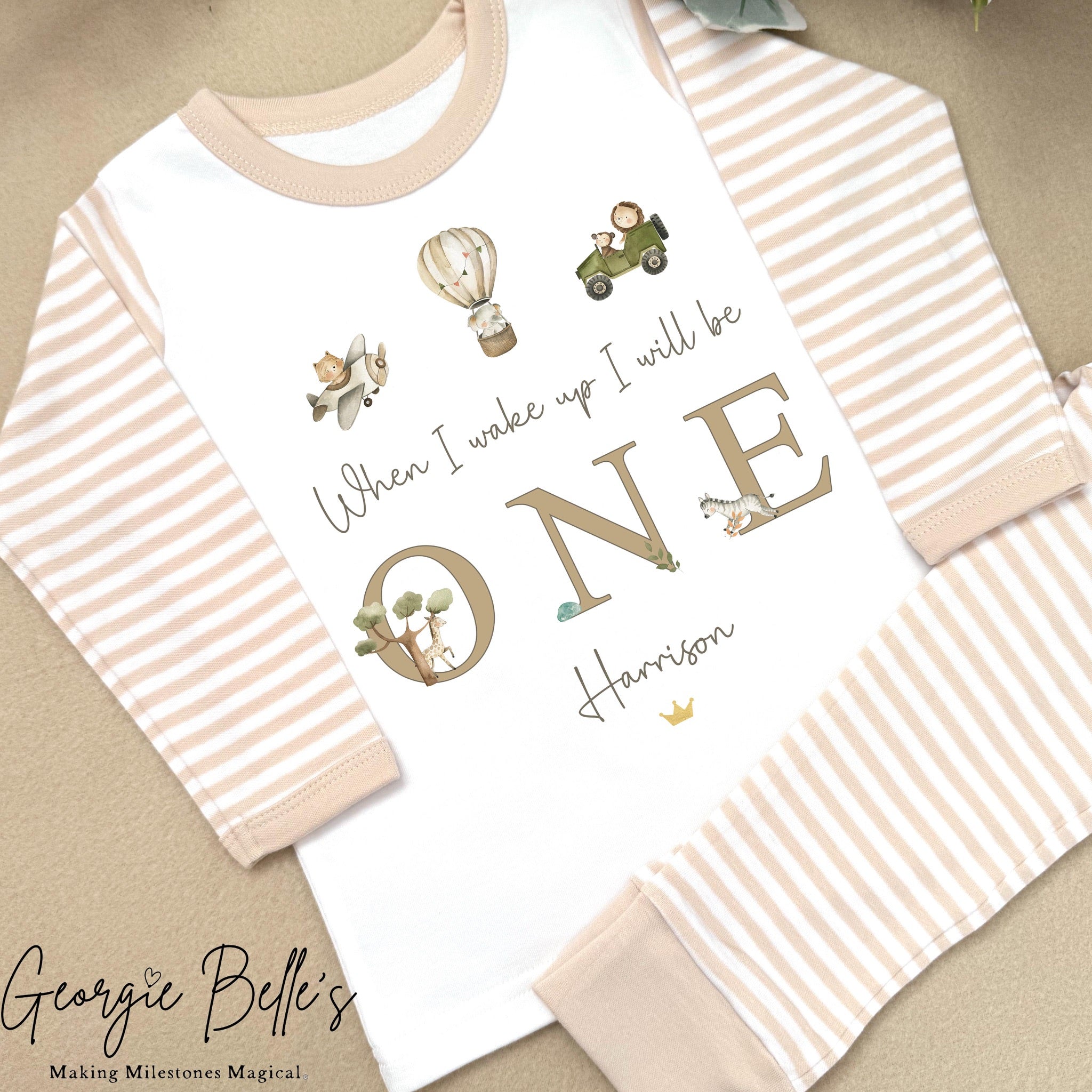 Personalised Beige Stripe Birthday Pyjamas - Beige Safari Trio Design
