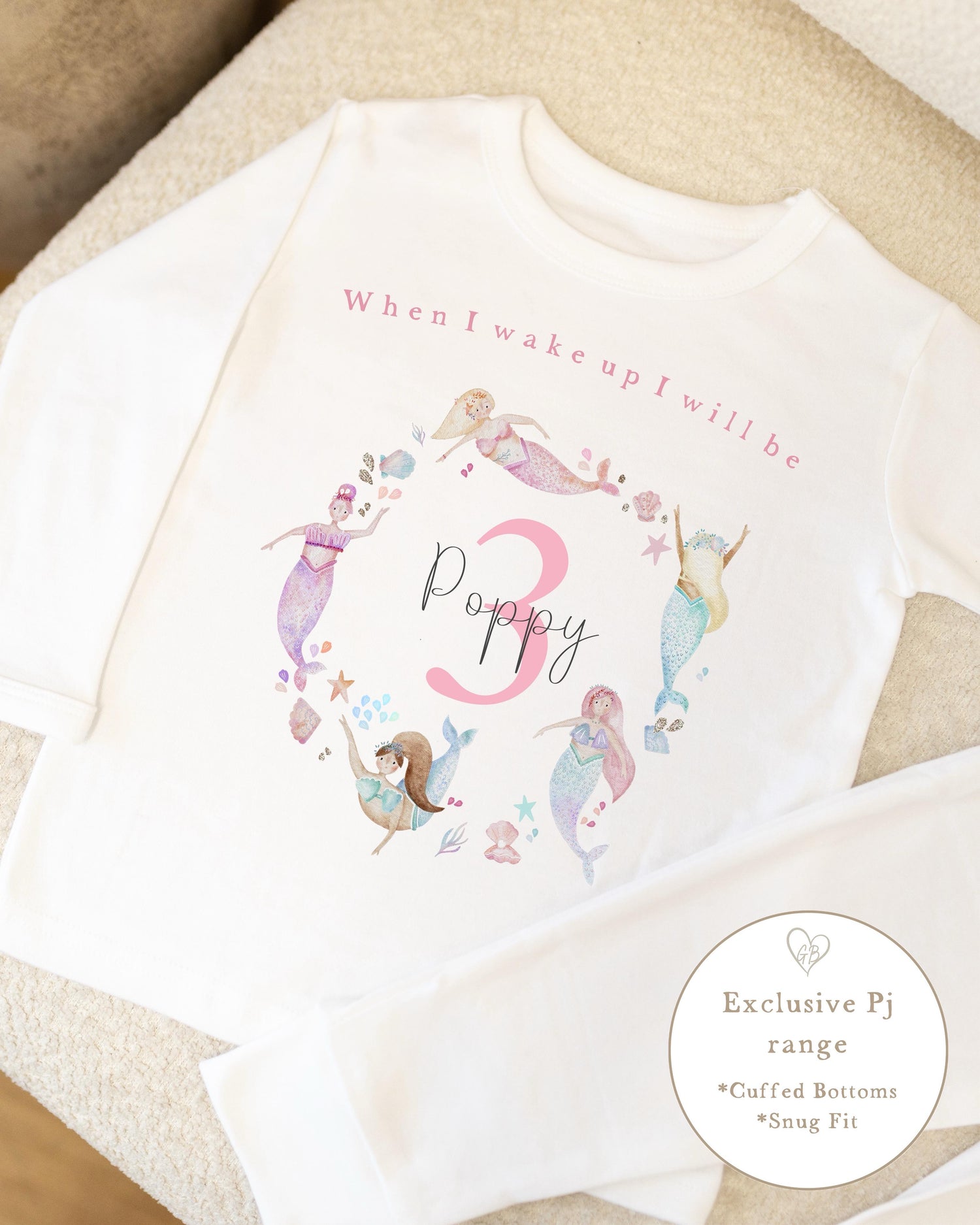 Plain White Personalised Birthday Pyjamas - Pink Mermaid Wreath Design