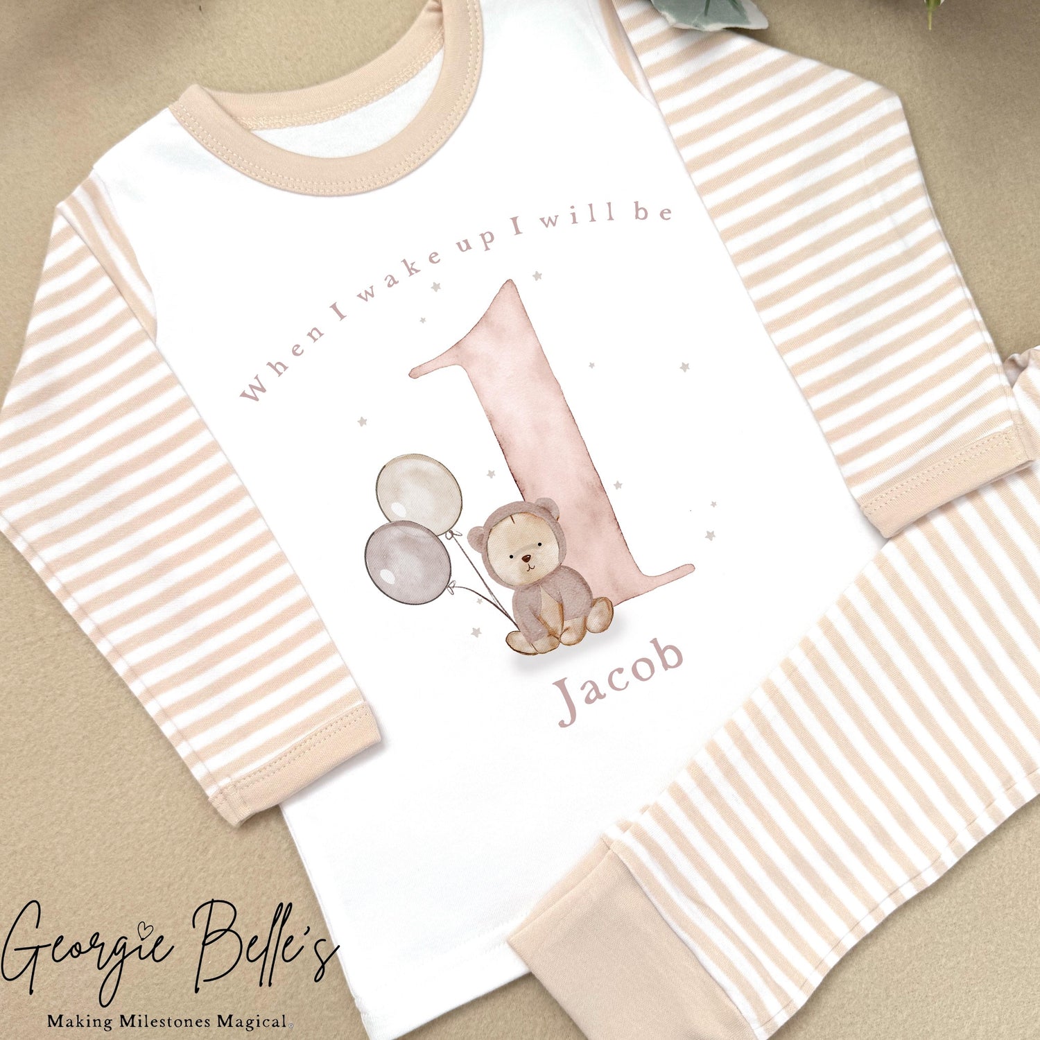 Personalised Beige Stripe Birthday Pyjamas - Beige Bear teddy Design