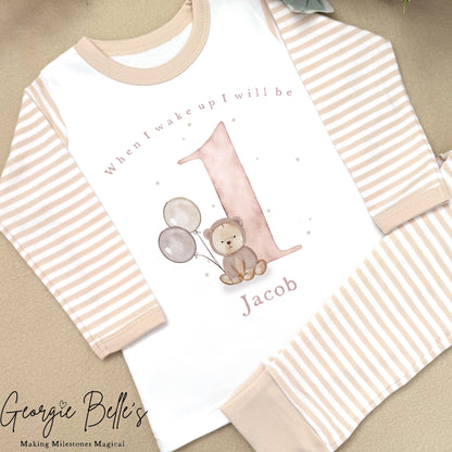 Personalised Beige Stripe Birthday Pyjamas - Beige Bear teddy Design