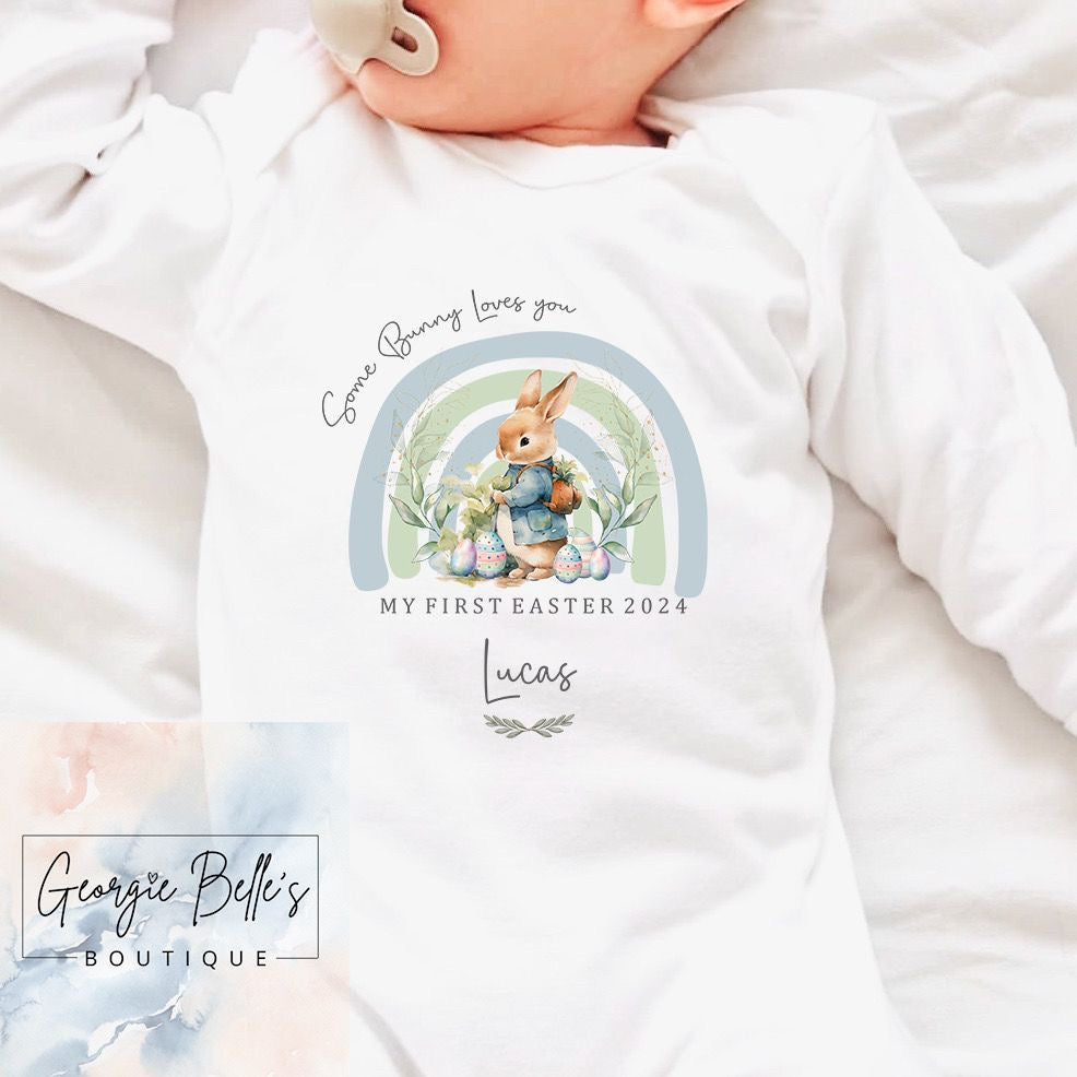 My 1st Easter Personalised Vest / Babygrow - Some Bunny Blue Rainbow Design
