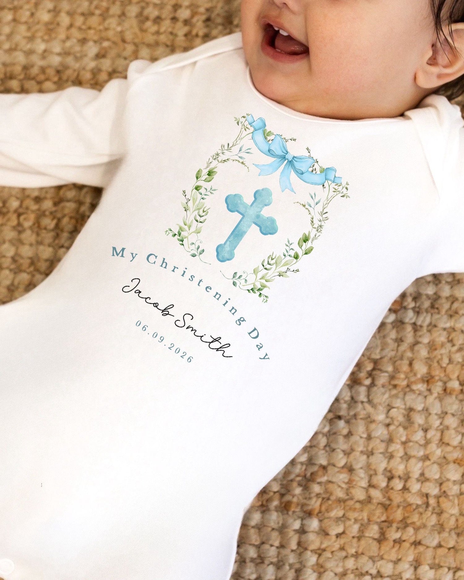 Personalised Christening Babygrow - Blue Cross Design