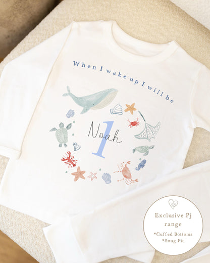 Plain White Personalised Birthday Pyjamas - Sea Animal Wreath Design