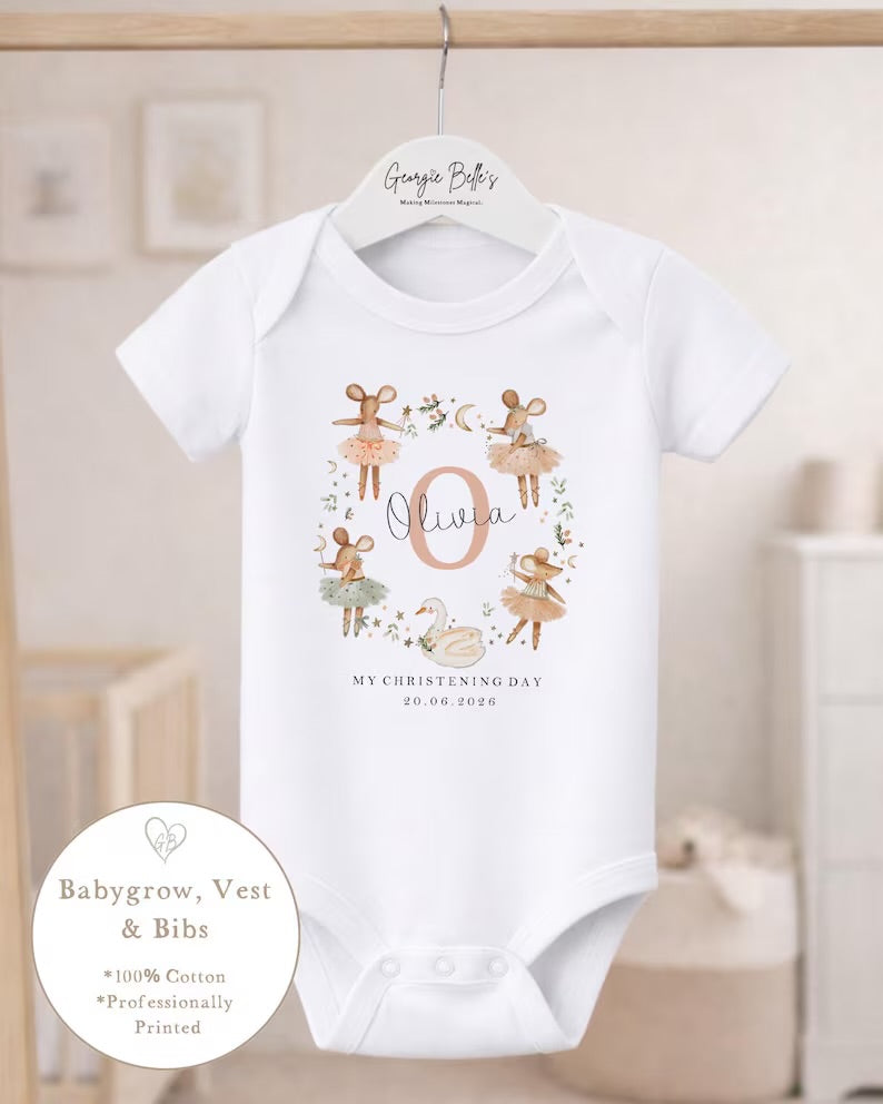Personalised Christening Babygrow - Mice Wreath Design