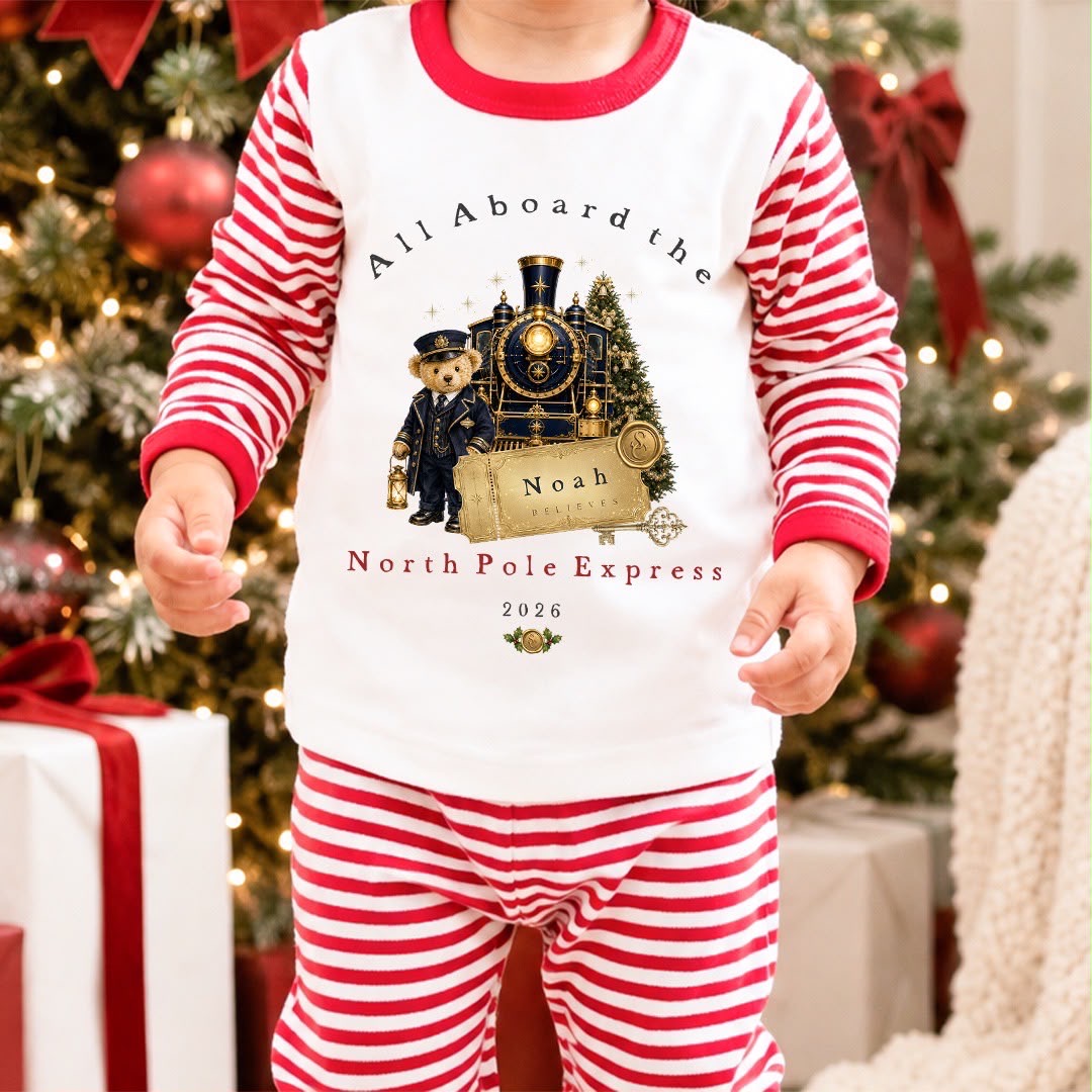 Personalised Christmas Pyjamas for Kids | 100% Cotton Red Stripe | North Pole Express Design