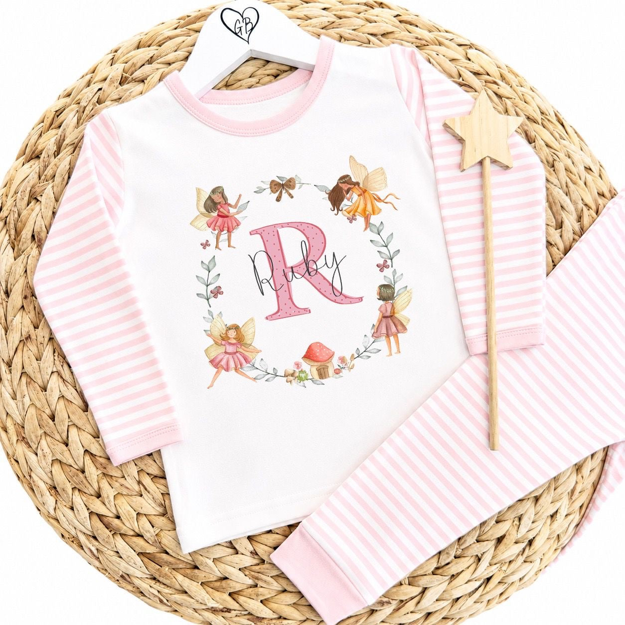 Personalised Girls Gifting Pyjamas Pink Stripe - Fairy Wreath Design