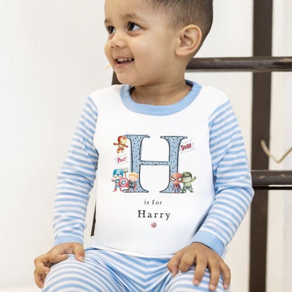 Personalised Boys Gifting Pyjamas Blue Stripe - Superhero Initial Design