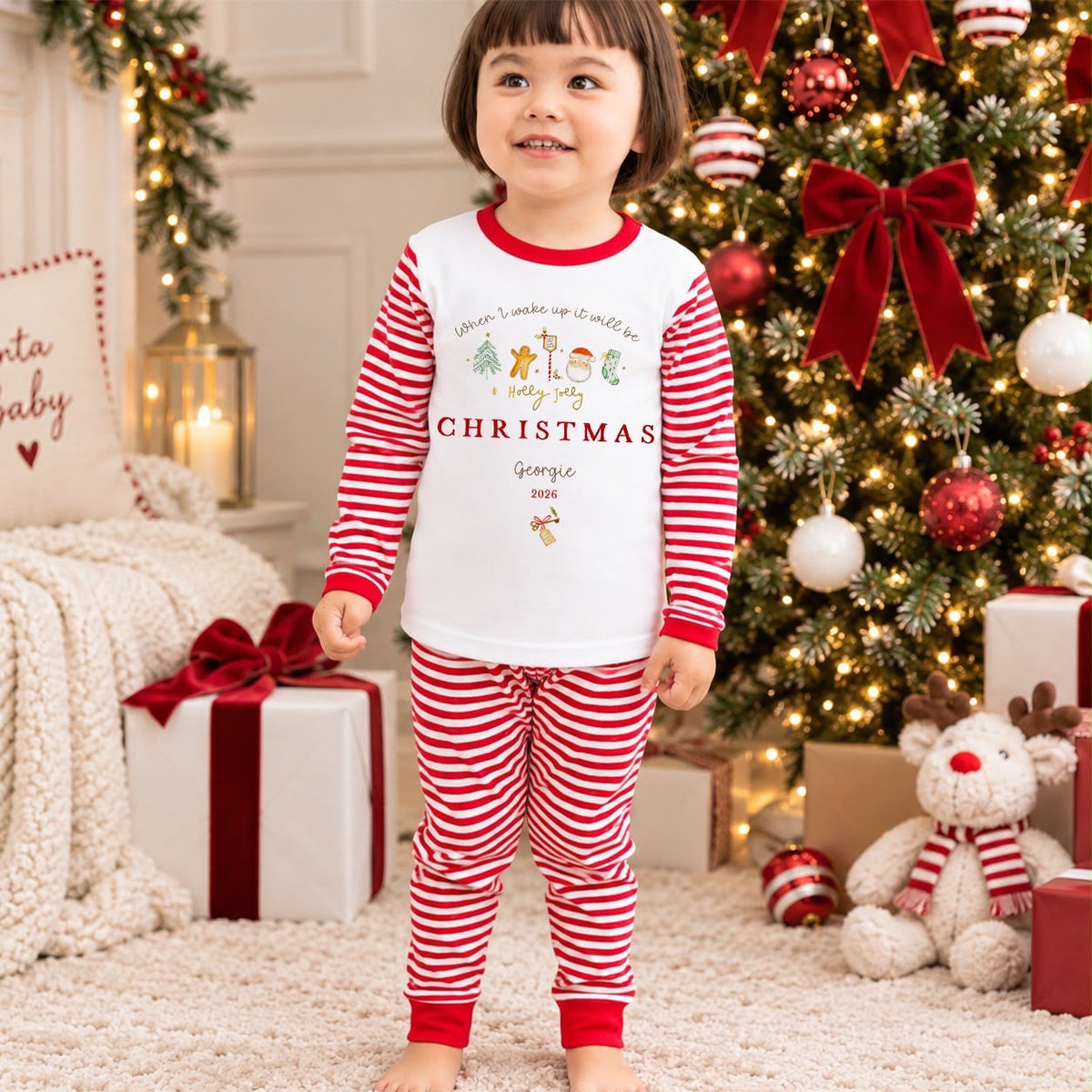 Personalised Christmas Pyjamas for Kids | 100% Cotton Red Stripe | When I wake up Design