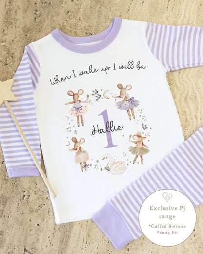 Lilac &amp; White Striped Personalised Birthday Pyjamas - Lilac Mouse Wreth Design