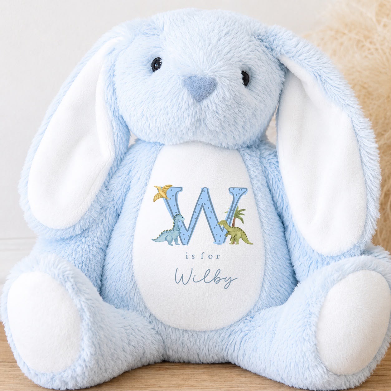Personalised Baby Boy Bunny Soft Toy | Personalised Baby Gift - Dinosaur Initial Design