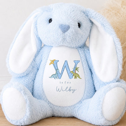 Personalised Baby Boy Bunny Soft Toy | Personalised Baby Gift - Dinosaur Initial Design
