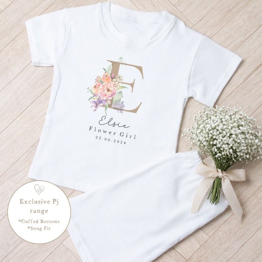 Personalised Flower Girl Short Set Pyjamas - Champagne Initial Design