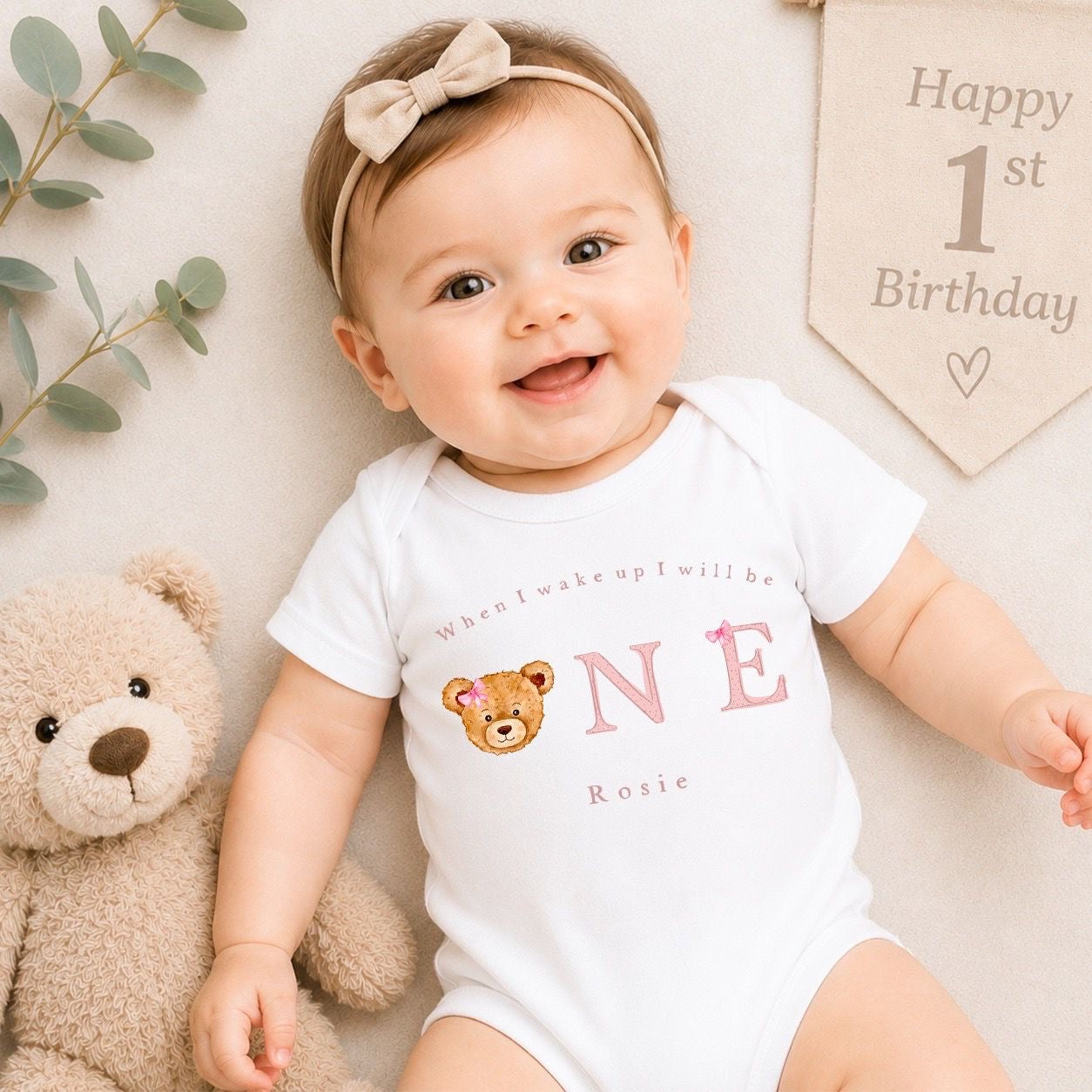 Personalised First Birthday Baby Vest | 1st Birthday Outfit - Pink Bear Head Design