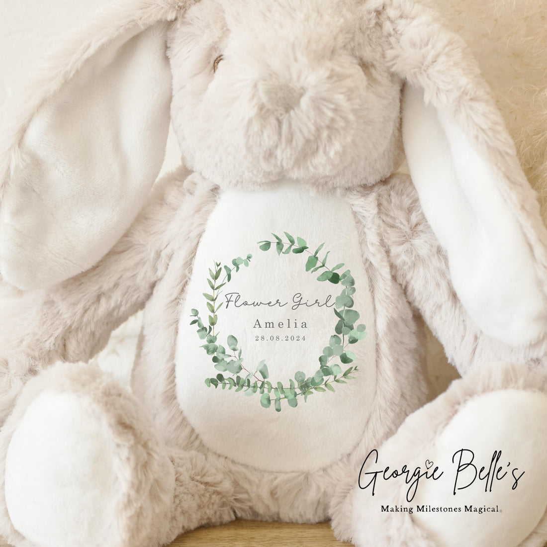 Personalised Flower Girl Bunny - Eucalyptus Wreath Design