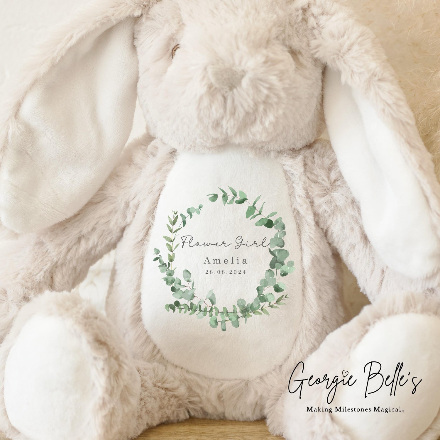 Personalised Flower Girl Bunny - Eucalyptus Wreath Design
