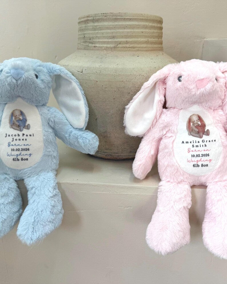 Personalised Birth Detail Blue Bunny Soft Toy
