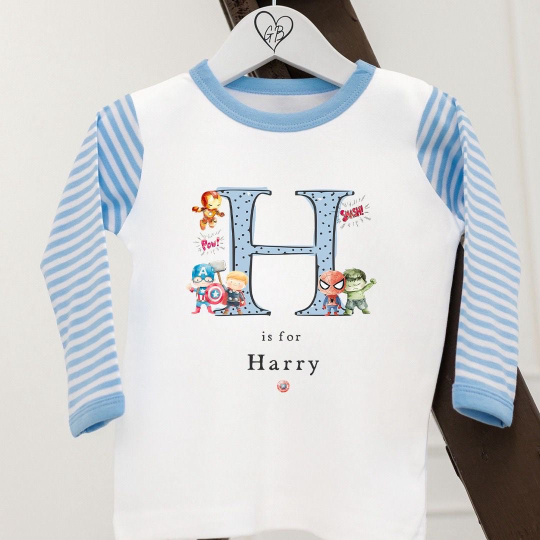 Personalised Boys Gifting Pyjamas Blue Stripe - Superhero Initial Design