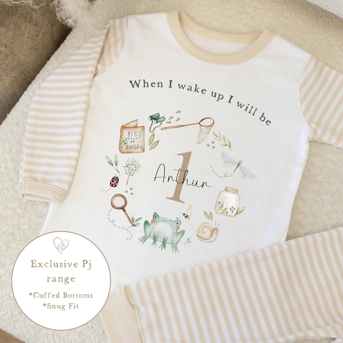 Personalised Beige Stripe Birthday Pyjamas - Bug Wreath Design
