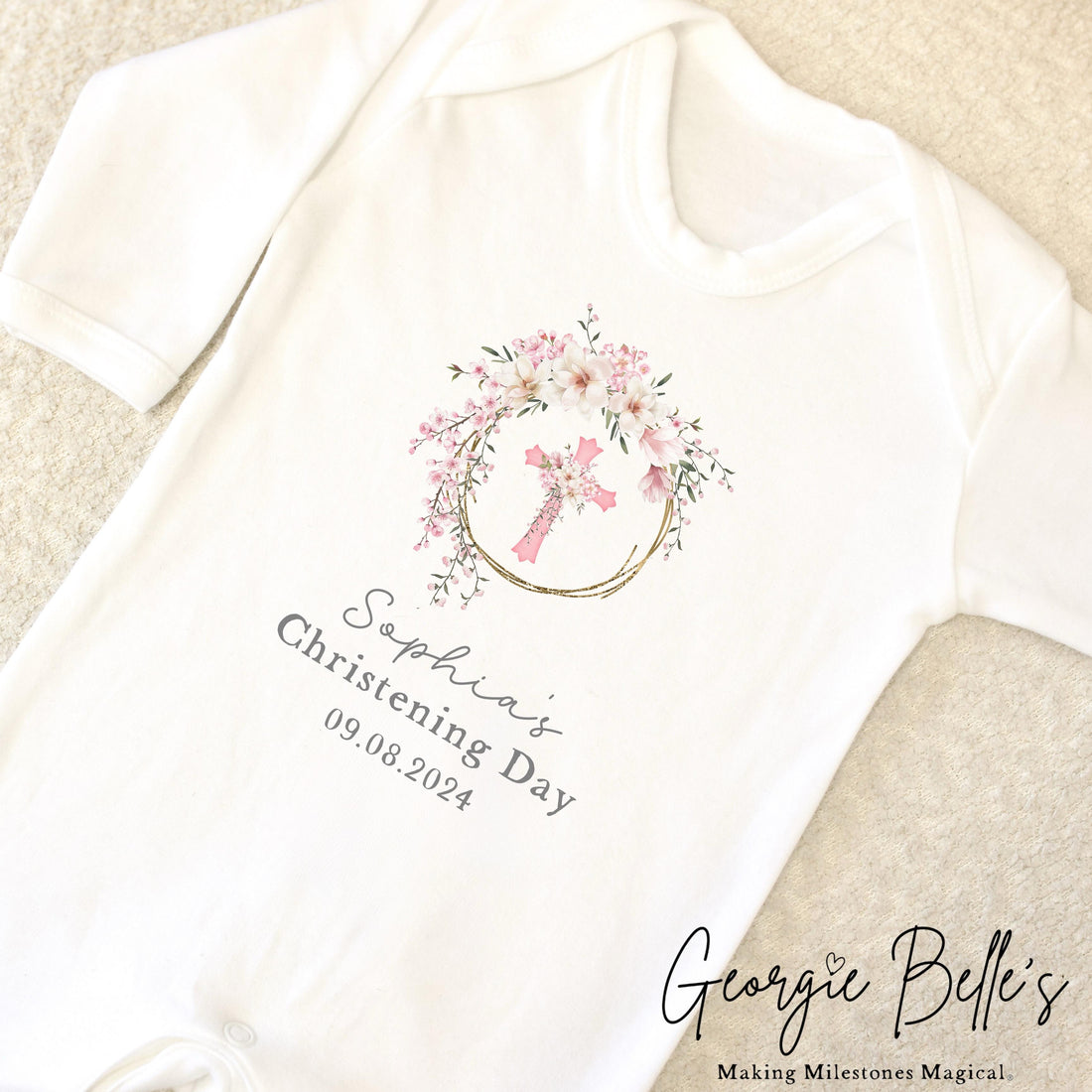 Personalised Christening Babygrow / Vest - Pink Floral Design