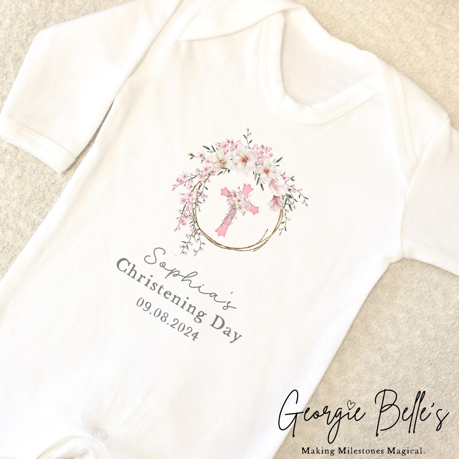 Personalised Christening Babygrow / Vest - Pink Floral Design