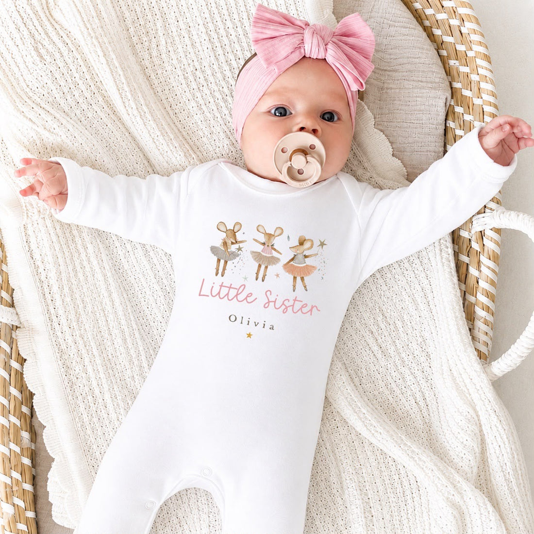 Personalised Little Sister Baby Grow | Little Sister Announcement Vest - Mice Trio Design