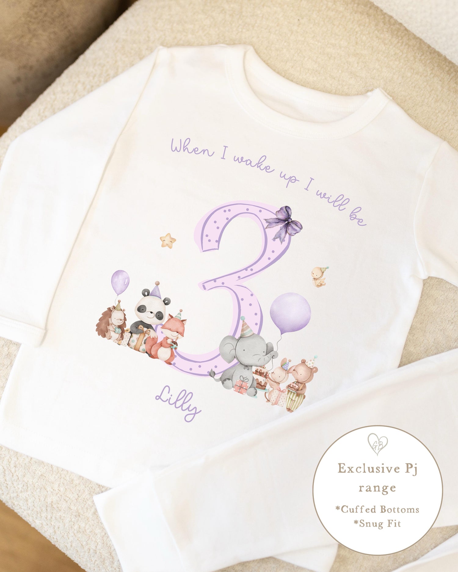 Plain White Personalised Birthday Pyjamas - Lilac Woodland Design