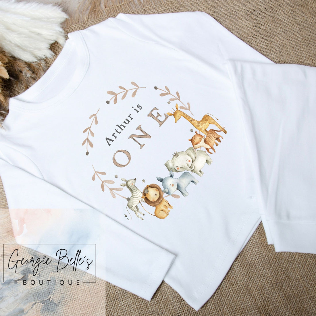 Personalised Birthday White Pyjamas - Safari Wreath Design