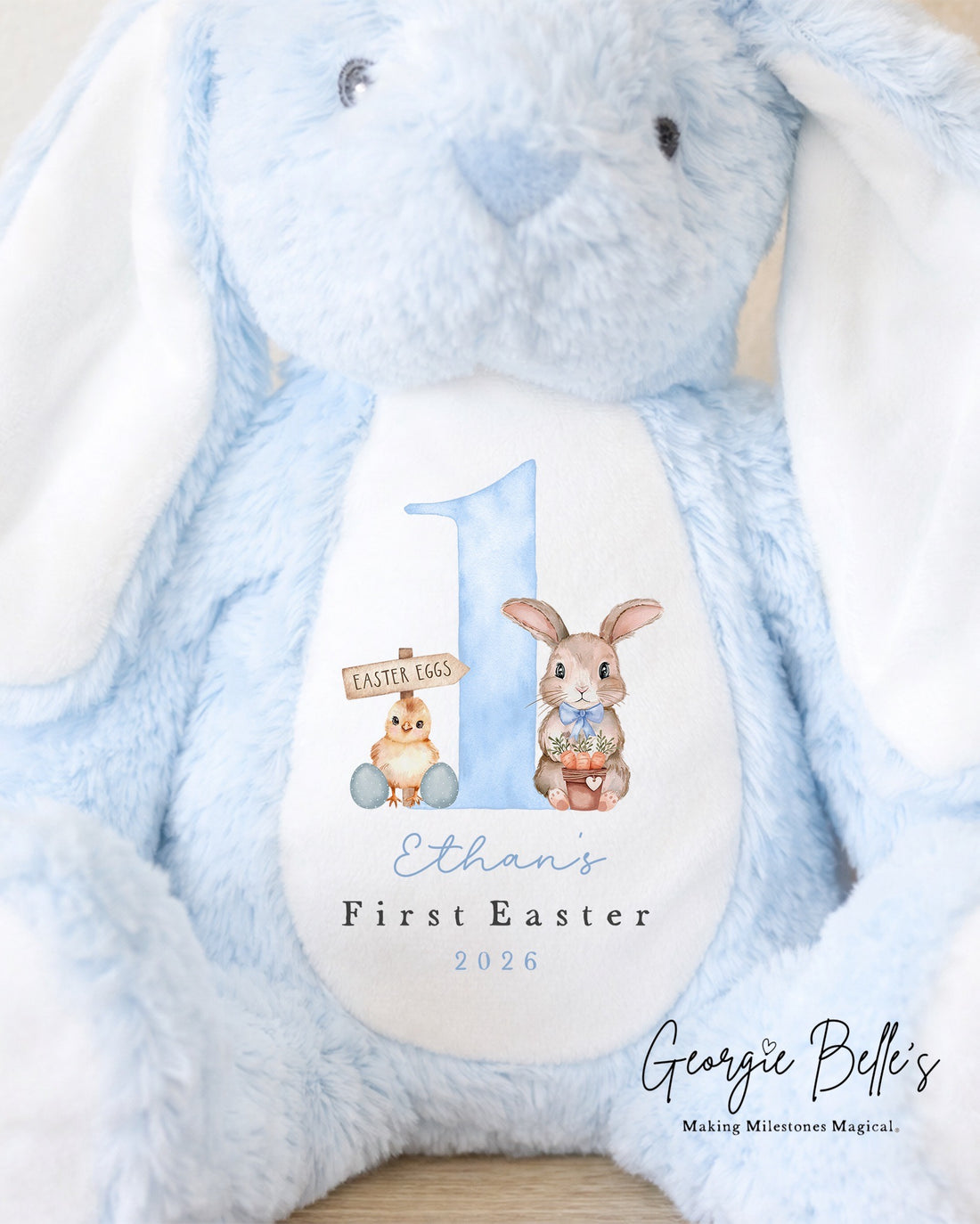 Personalised Blue Easter Bunny Soft Toy - First Easter Design