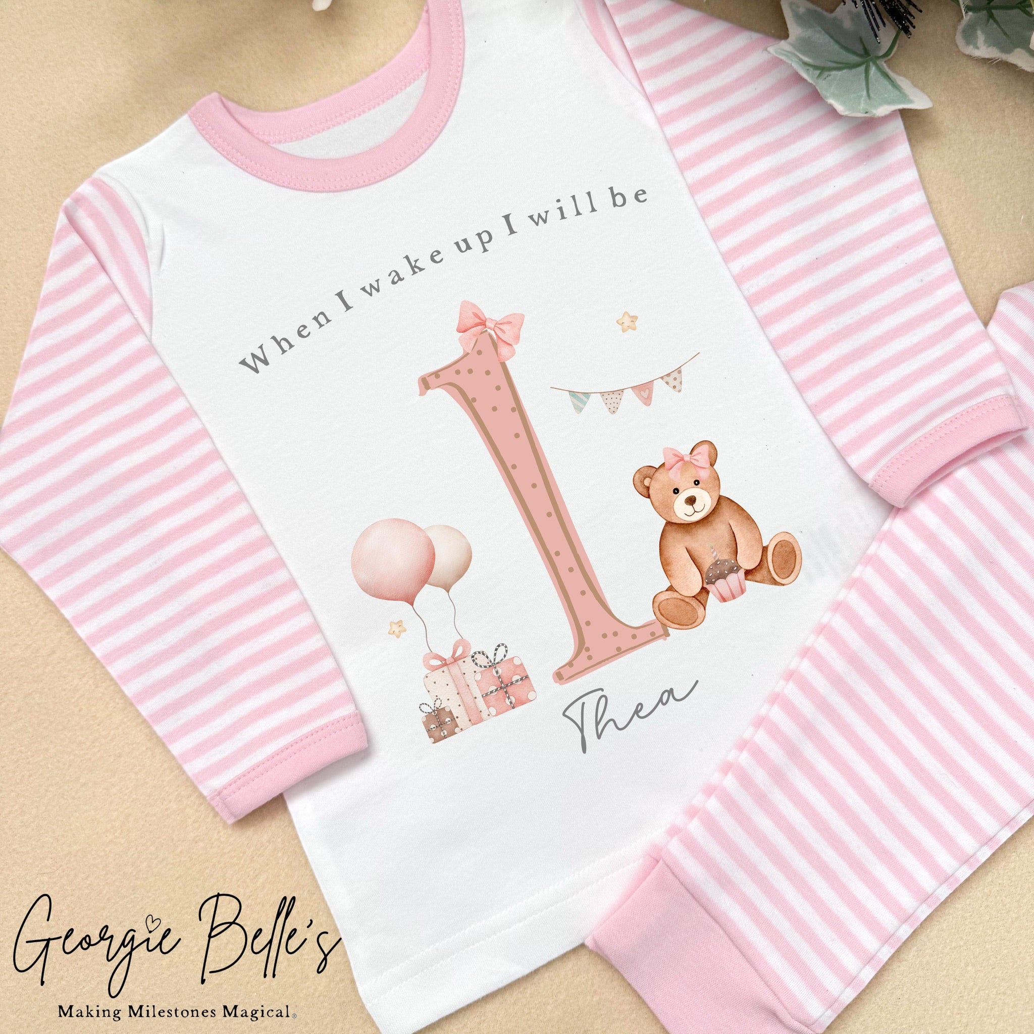 Personalised Pink Stripe Birthday Pyjamas - Pink Georgie Belle’s Bear Number Design