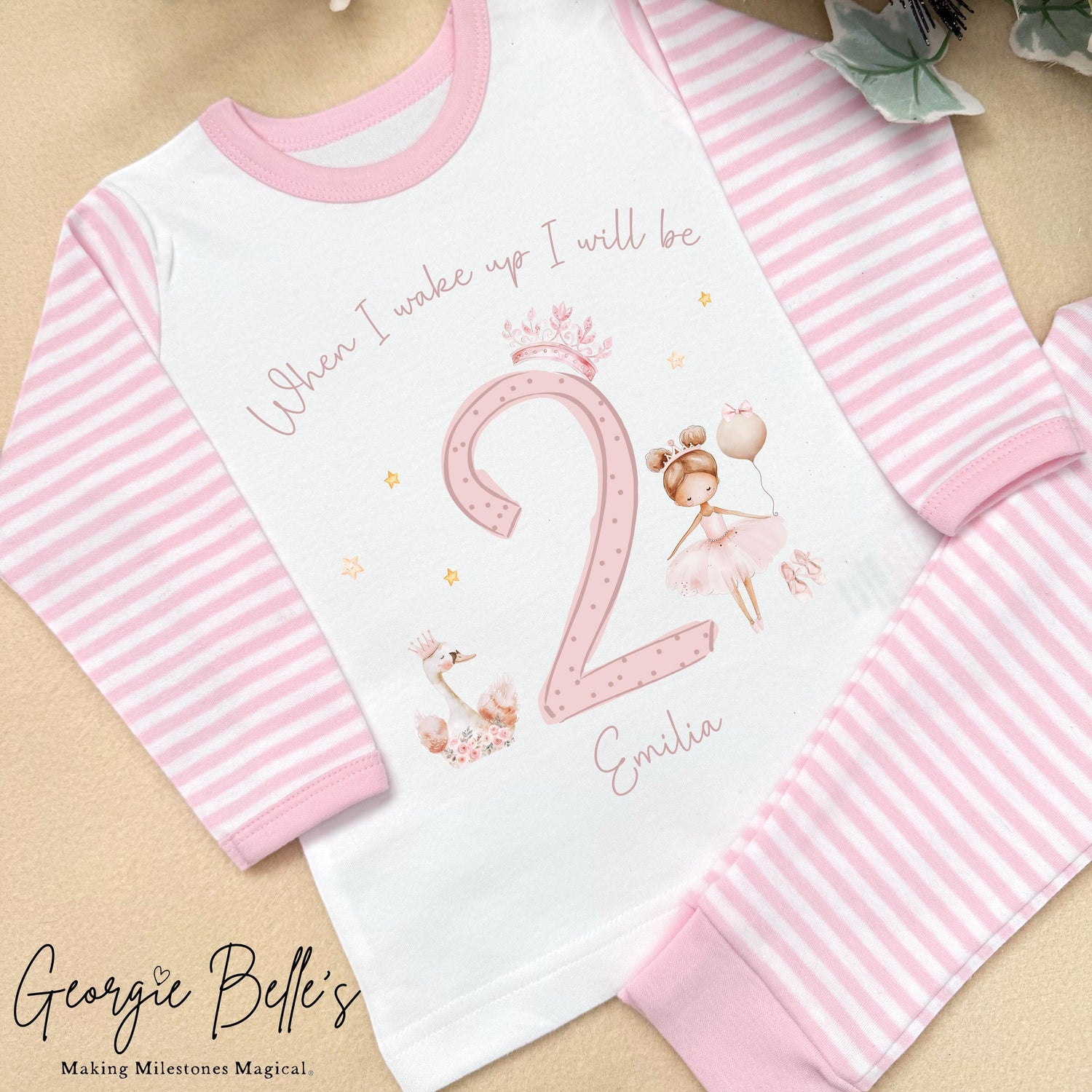 Personalised Pink Stripe Birthday Pyjamas - Pink Swan Number Design