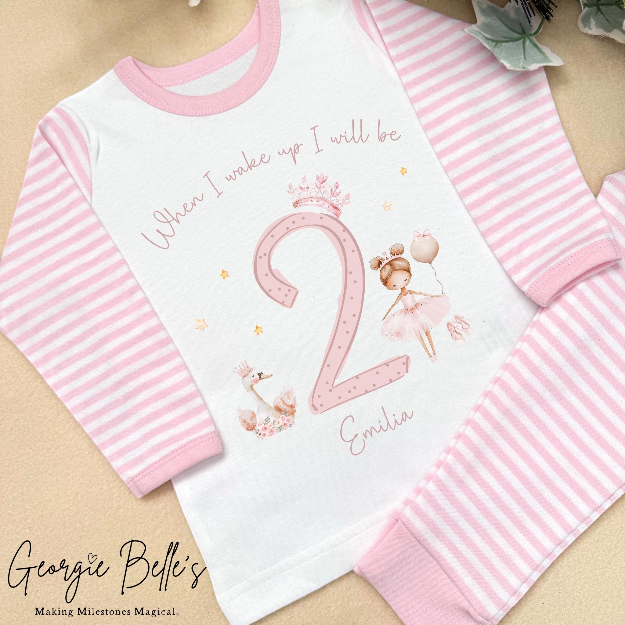 Personalised Pink Stripe Birthday Pyjamas - Pink Swan Number Design