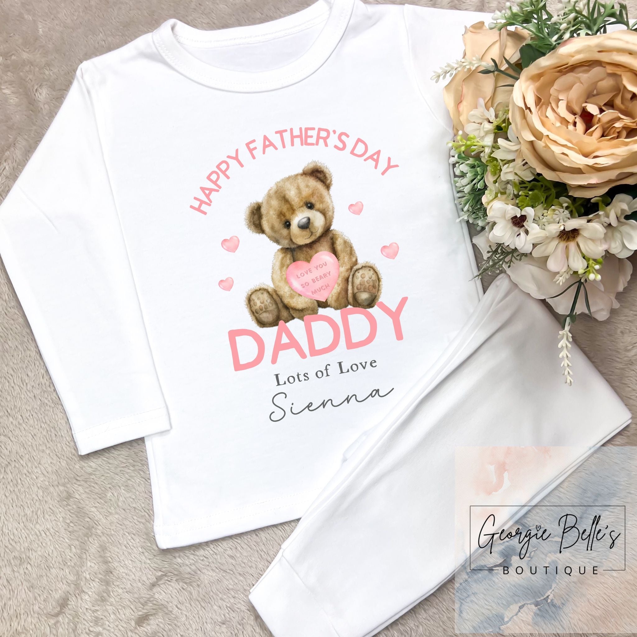 Personalised Sibling Matching Father's Day Pyjamas - Pink Bear Design