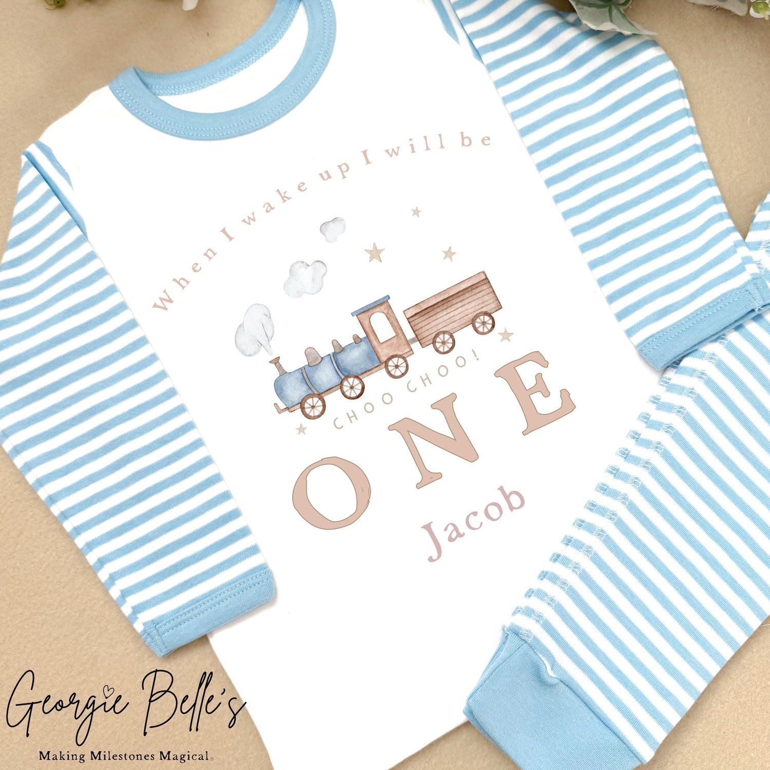 Personalised Blue Stripe Birthday Pyjamas - Blue Train Design