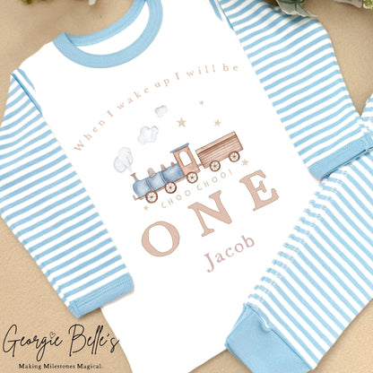 Personalised Blue Stripe Birthday Pyjamas - Blue Train Design
