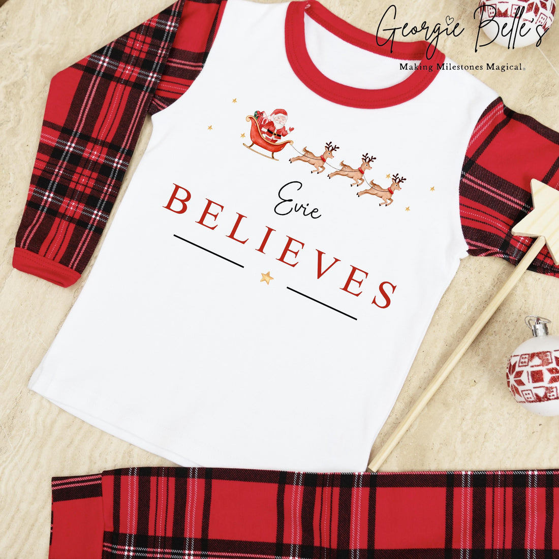 Personalised Tartan Christmas Pyjamas - Sleigh Belives Design