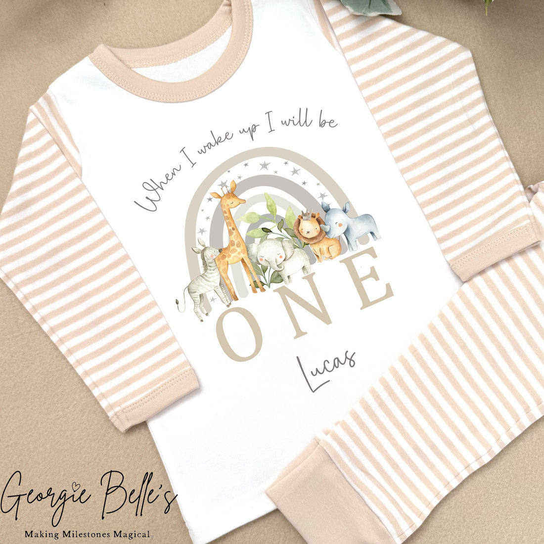 Personalised Beige Stripe Birthday Pyjamas - Beige Safari Rainbow Design