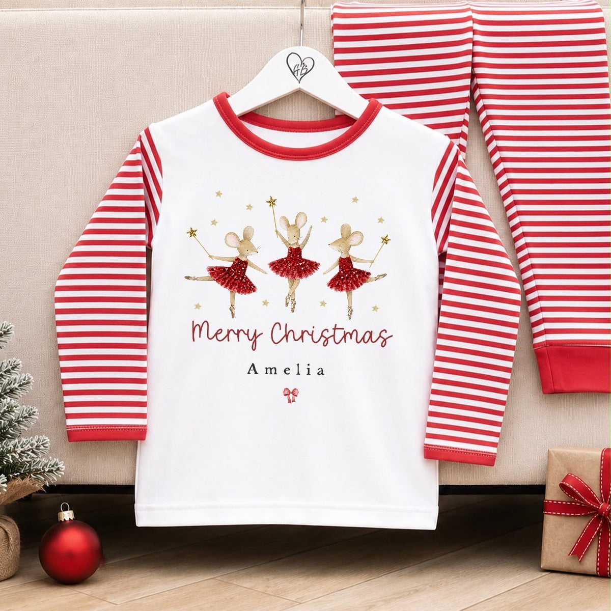 Personalised Christmas Pyjamas for Kids | 100% Cotton Red Stripe | Ballerina Mice Design