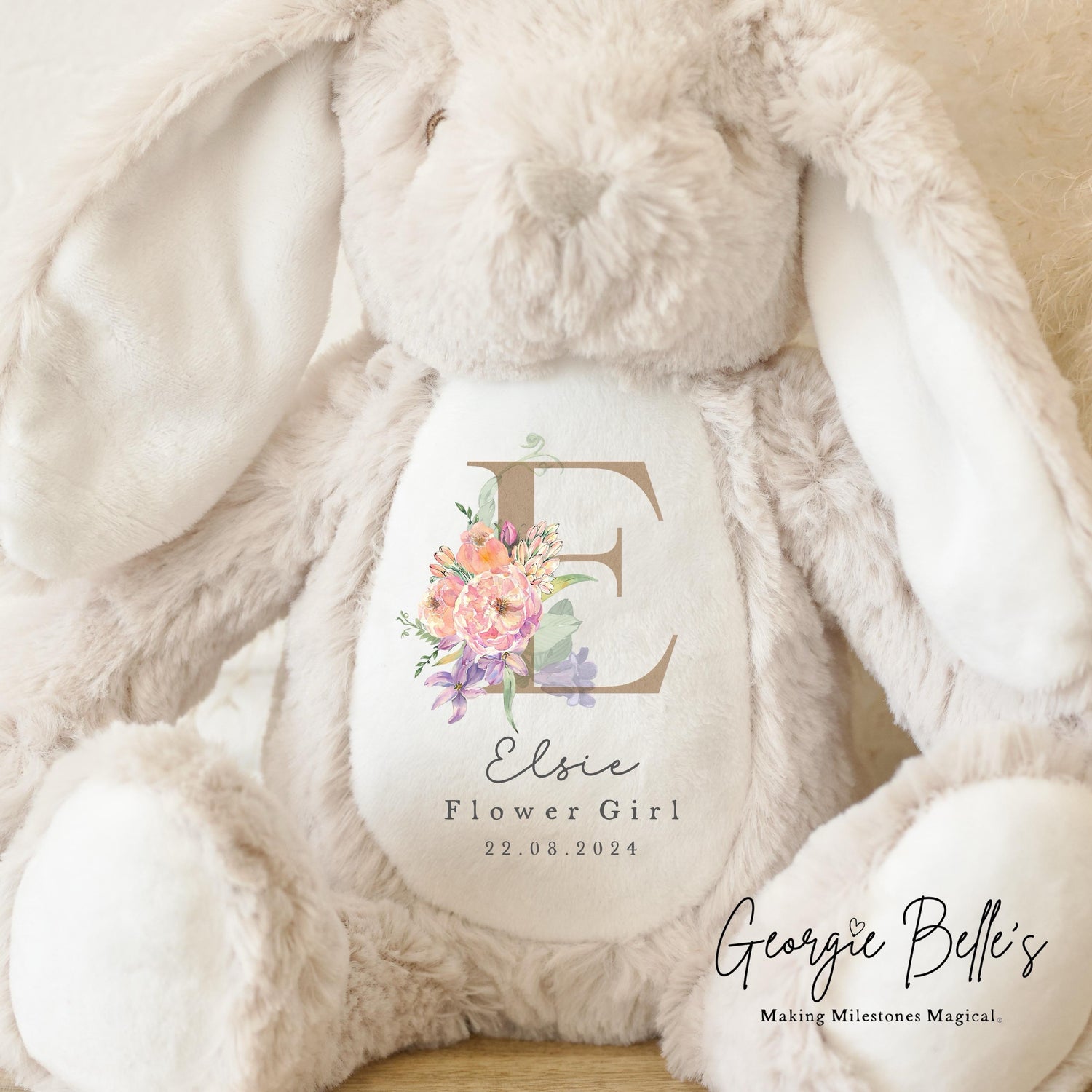 Personalised Flower Girl Bunny - Champagne Initial Design