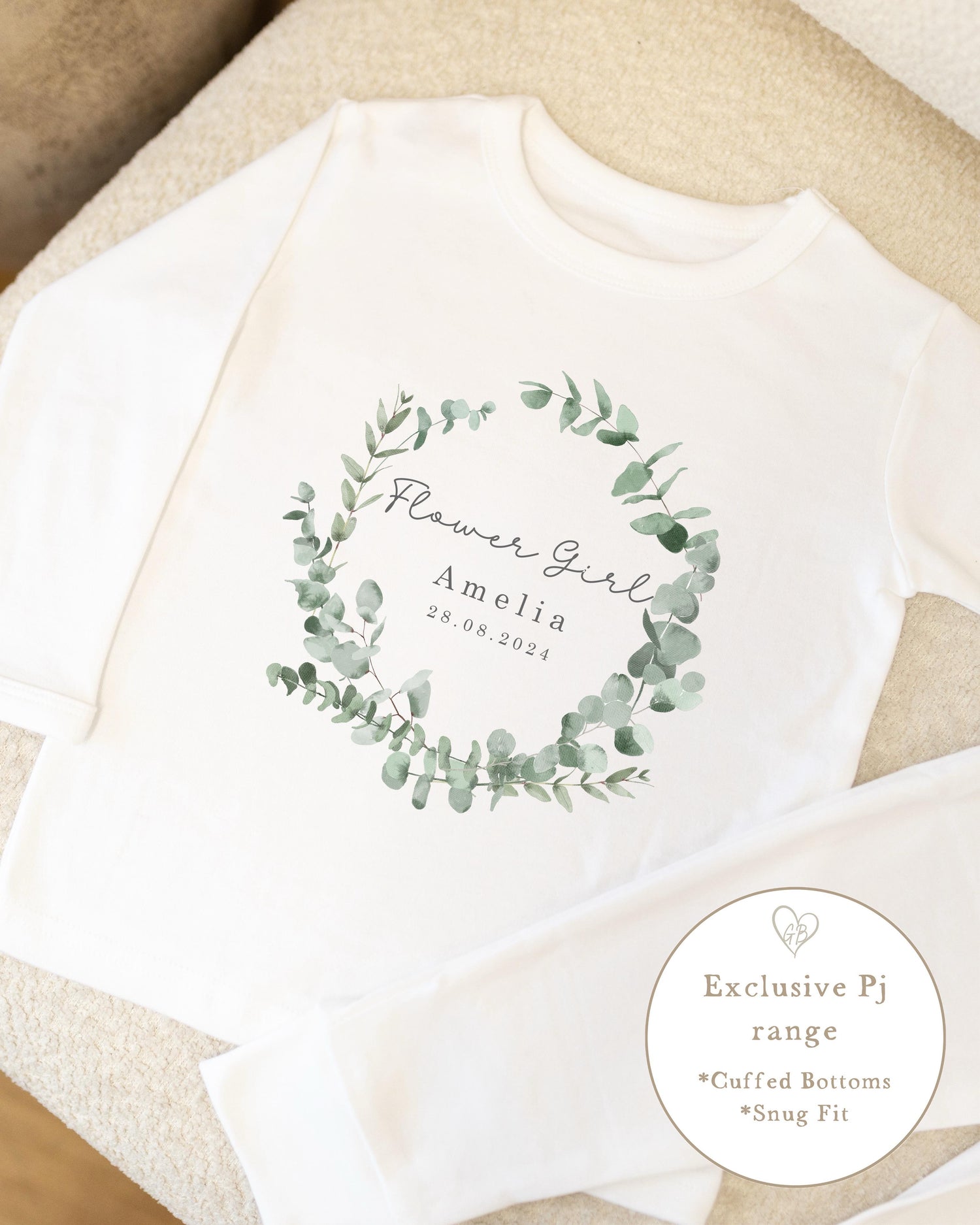 Personalised Flower Girl Pyjamas - Eucalyptus Wreath Design